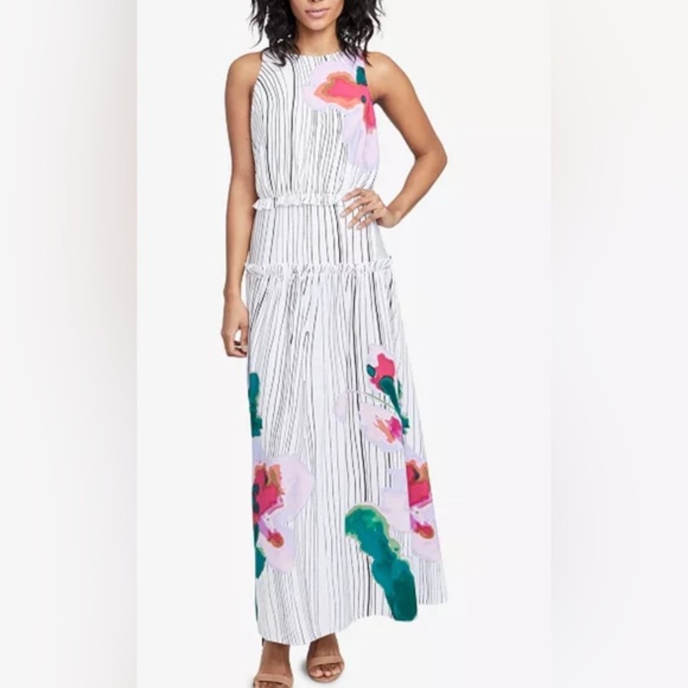 NWT Rachel Roy Amalfi Tiered Ruffle Floral Maxi Dress w Long Fabric Tie! 10